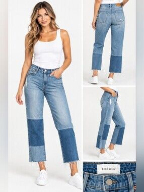 Dear John Frankie Straight Jeans 27 Patchwork Raw Hem Distressed